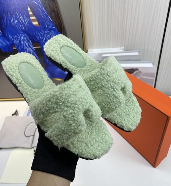 teddy fur slippers for women designer pink slipper lamb wool velvet nonslip black breathable flipflops leather slider wide flat 6016795