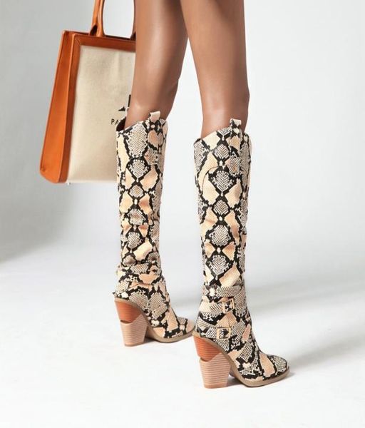 printed knee high chunky heel cowboy boots woman designer booties1556171, Black