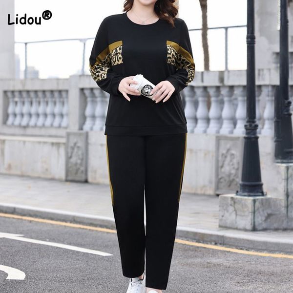 women's plus size tracksuits spring autumn oneck leopard print long sleeve lady pockets side gold stripe pants casual running two piece, Black
women's plus size tracksuits spring autumn oneck leopard print long sleeve lady pockets side gold stripe pants casual running two piece, Black