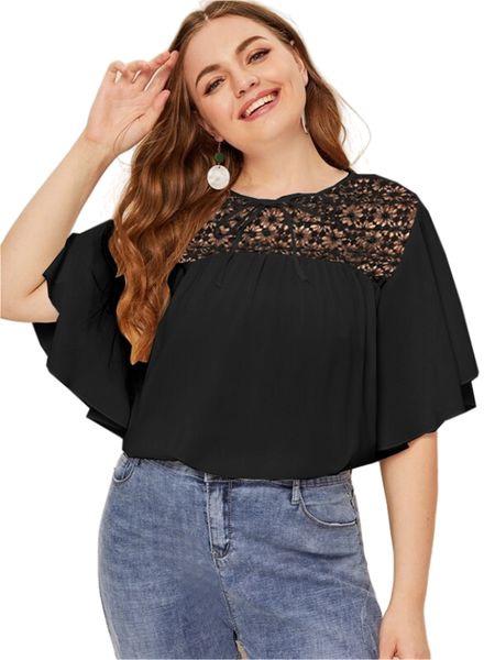 women's plus size tshirt summer elegant blouse women short flare sleeve lace panel loose tie front casual tshirt clothing 5xl 230905, Black
women's plus size tshirt summer elegant blouse women short flare sleeve lace panel loose tie front casual tshirt clothing 5xl 230905, Black