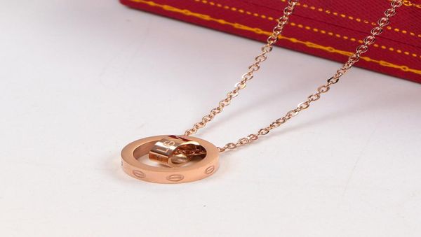 

luxury necklace for women designer cz jewelry 45cm love dual circle pendant rose gold color vintage collar costume jewelry with bo4971678, Silver