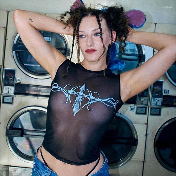 women's t shirts y2k crop sleeveless graphic tee print mesh see through tank black streetwear women, White
women's t shirts y2k crop sleeveless graphic tee print mesh see through tank black streetwear women, White