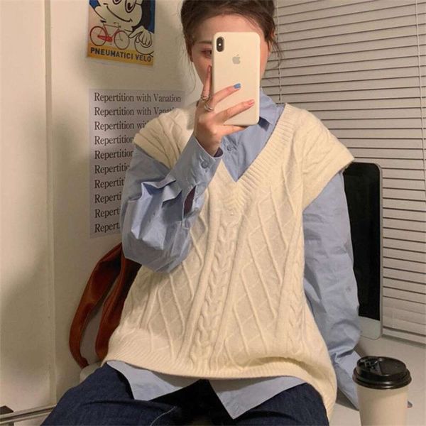 large sized vest for women pure colored sweater loose and lazy preppy style sleeves autumn, Black;white
large sized vest for women pure colored sweater loose and lazy preppy style sleeves autumn, Black;white