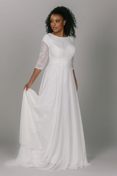 2023 new boho lace chiffon modest wedding dresses with 3/4 sleeves a-line bohemia bridal gowns custom made lds bride gown, White
2023 new boho lace chiffon modest wedding dresses with 3/4 sleeves a-line bohemia bridal gowns custom made lds bride gown, White