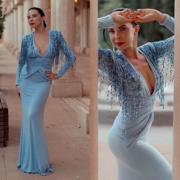 blue mermaid evening dresses deep v neck tassel beading prom gowns custom made long sleeve plus size pageant party wear, Black;red
blue mermaid evening dresses deep v neck tassel beading prom gowns custom made long sleeve plus size pageant party wear, Black;red