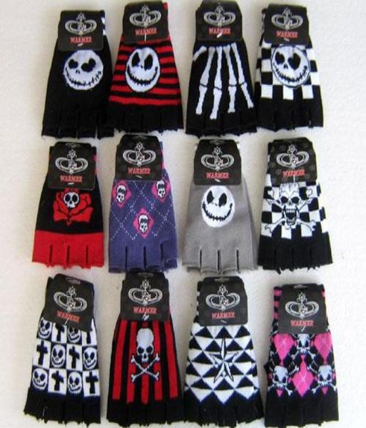 20 pairs striped skull rose print elastic half finger gloves2590238, Blue;gray