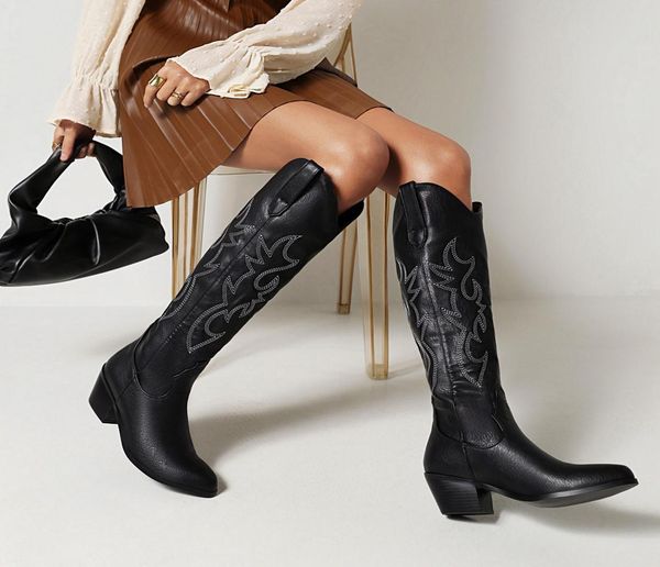 women white knee high boots western cowboy boots wide calf embroidered pointed toe block heel pullon cowgirl booties4968616, Black
women white knee high boots western cowboy boots wide calf embroidered pointed toe block heel pullon cowgirl booties4968616, Black