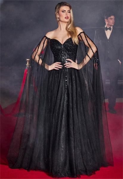 elegant cape sleeve formal evening dresses black a line tulle floor length prom dress shiny sequins beaded bodice women special occasion gow, Black;red
elegant cape sleeve formal evening dresses black a line tulle floor length prom dress shiny sequins beaded bodice women special occasion gow, Black;red