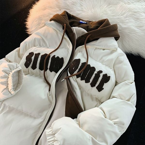 women's jackets letter flocking fake two piece hooded cotton jacket american retro couple models loose casual all match winter coat for, Black;brown
women's jackets letter flocking fake two piece hooded cotton jacket american retro couple models loose casual all match winter coat for, Black;brown