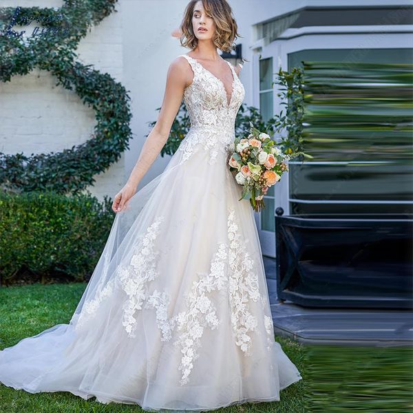 elegant a line wedding dresses lace appliqued open back long boho beach bridal gowns sleeveless v-neck summer bride wear, White
elegant a line wedding dresses lace appliqued open back long boho beach bridal gowns sleeveless v-neck summer bride wear, White