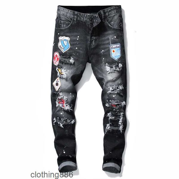 men badge rips stretch black jeans men's fashion slim fit washed motocycle denim pants panelled hip hop trousers 10200, Blue
men badge rips stretch black jeans men's fashion slim fit washed motocycle denim pants panelled hip hop trousers 10200, Blue