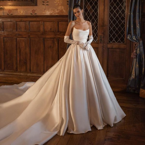berta designer wedding dresses strapless neckline bridal gowns pleated a line satin sweep train vestido de novia, White
berta designer wedding dresses strapless neckline bridal gowns pleated a line satin sweep train vestido de novia, White