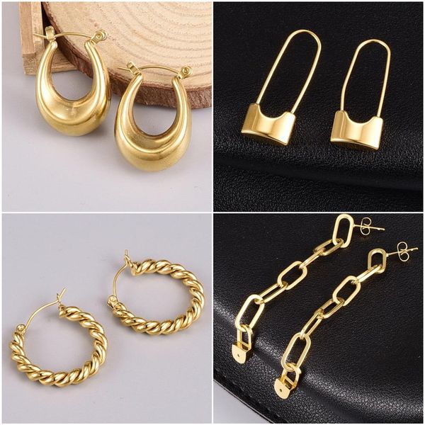 

designer jewelry titanium steel ear huggie 18k gold plated shiny non-fading earring hoop women's anti allergy earrings punk e197a, Golden;silver