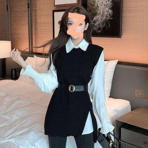 fashion suit blouse knitted vest style waist split flare sleeve two piece shirt, Black;white
fashion suit blouse knitted vest style waist split flare sleeve two piece shirt, Black;white