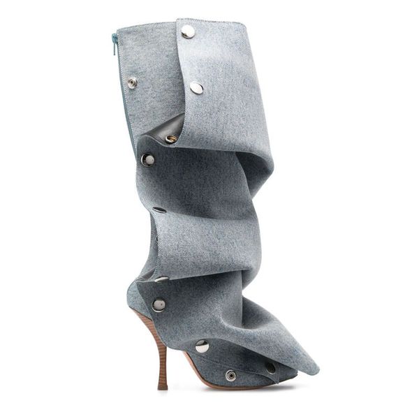 metal button spliced denim boots high heel boots high barrel shoes internet celebrity auto show model fashion boots for girls party shoes, Black
metal button spliced denim boots high heel boots high barrel shoes internet celebrity auto show model fashion boots for girls party shoes, Black