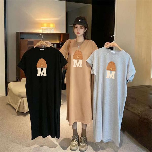 korean women's short sleeved t-shirt skirt loose and slim in summer over knee length skirt pure cotton casual dress split skirt, White 
korean women's short sleeved t-shirt skirt loose and slim in summer over knee length skirt pure cotton casual dress split skirt, White