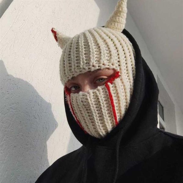 Image of Cycling Caps Masks Halloween Funny Horns Knitted Hat Beanies Warm Full Face Cover Ski Mask Hat Windproof Balaclava Hat for Outdoor325x