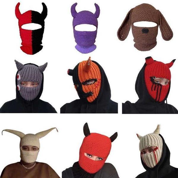 Image of Cycling Caps Masks Halloween Funny Horns Creative Knitted Hat Beanies Warm Full Face Cover Ski Mask Hat Windproof Balaclava Hat fo268i