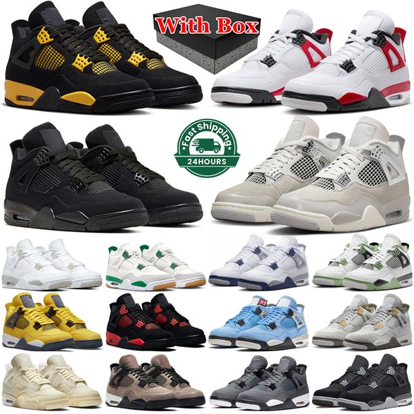 

With box 4s Jumpman 4 basketball shoes men women Red Cement Thunder Frozen Moments Pine Green Military Black Cat Midnight Navy Bred mens trainers sports sneakers, 26