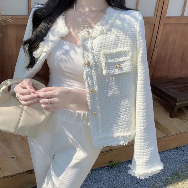 Women's Jackets Lucyever Korean Fashion Plaid Tweed Jacket Women White Round Neck Cropped Tassel Coat Autumn Single Breasted Office Lady Outwear