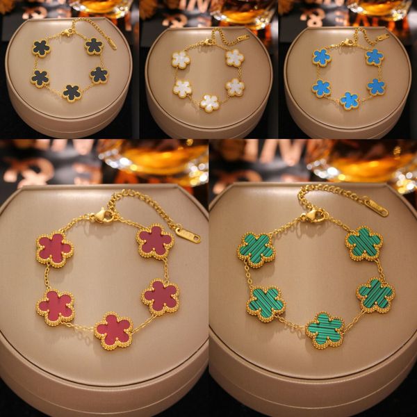 

Luxury Double Side 5 Leaf Flower Clover Charm Bracelet Gold Plated Stainless Steel Jewelry for Women