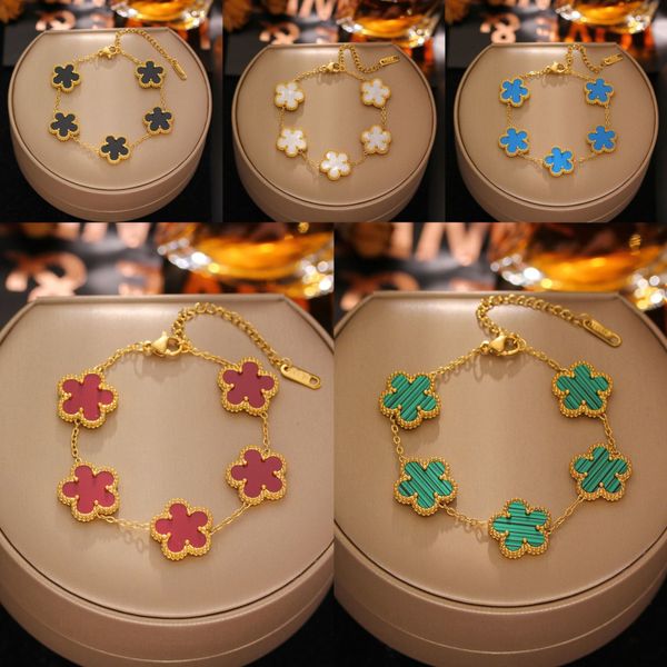 Luxury Double Side 5 Leaf Flower Clover Charm Bracelet Gold Plated Stainless Steel Jewelry 
Luxury Double Side 5 Leaf Flower Clover Charm Bracelet Gold Plated Stainless Steel Jewelry