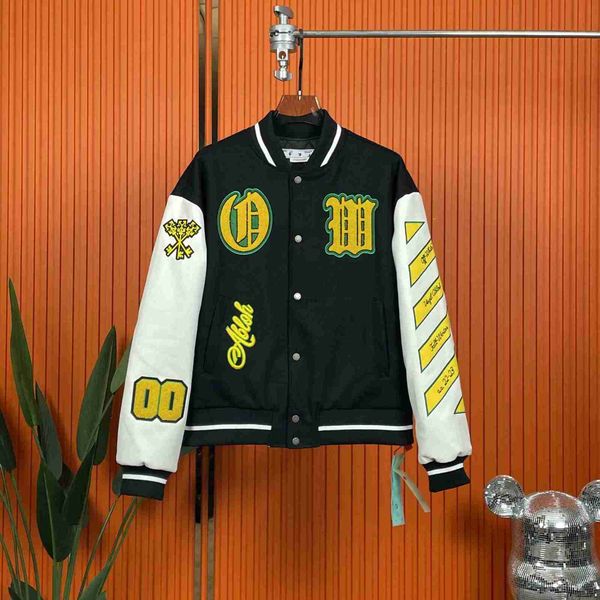 

Fashion men' wear Autumn and Winter 2022 New OW Heavy Industry Cartoon Pattern Embroidery Woolen Jacket for Men Women, Black