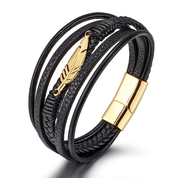 

Classic Men Style Multi Layered Leather Bracelet Stainless Steel Feather Charm Cuff Bangle for Gift