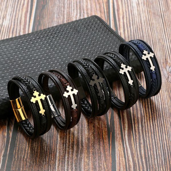 

Vintage Multi Layered Leather Cross Charm Bracelet Stainless Steel Buckle Bangle for Lovers Gift