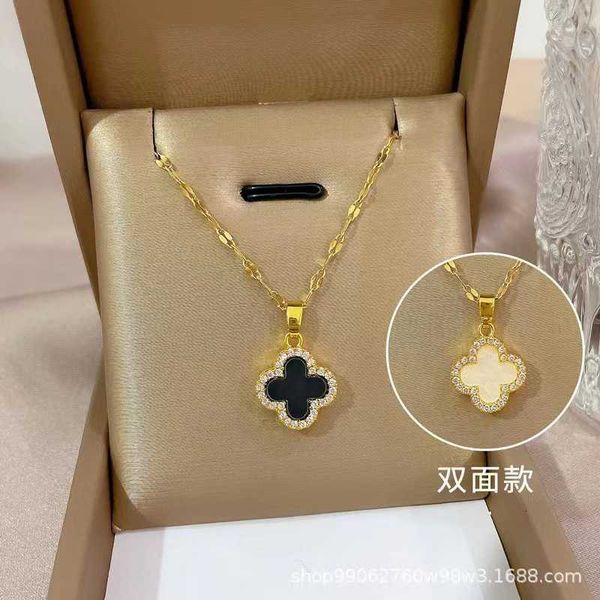 

Designer necklace four-leaf Clover luxury top jewelry full diamond Clover women's black-and-white double-sided design sense 18K gold-plated neck chain Jewelry gift, 867-1 black and white reversible