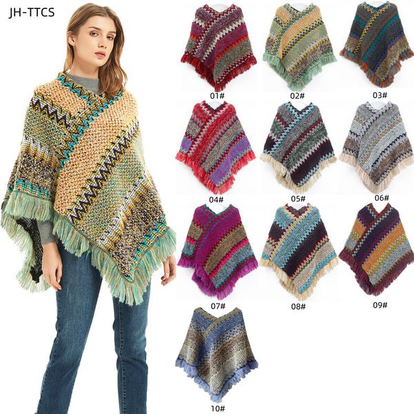 

0C0025 Spring and Autumn Women's Cloak Retro Style Travel Pullover Cape Colorful Woven Tassels Customization, 03# indigo