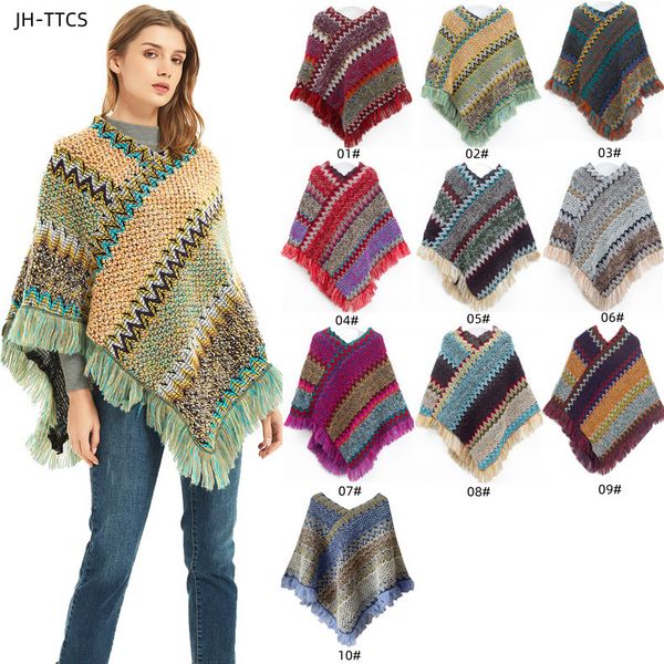 

0C0025 Spring and Autumn Women's Cloak Retro Style Travel Pullover Cape Colorful Woven Tassels Customization, 09# purple