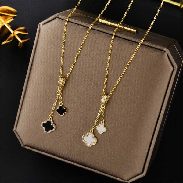 

Designer necklace four-leaf Clover luxury top jewelry Korean fashion simple micro inlaid zircon tassel clover pendant titanium steel chain Jewelry gift Van Clee, 863 double white shell four leaf grass