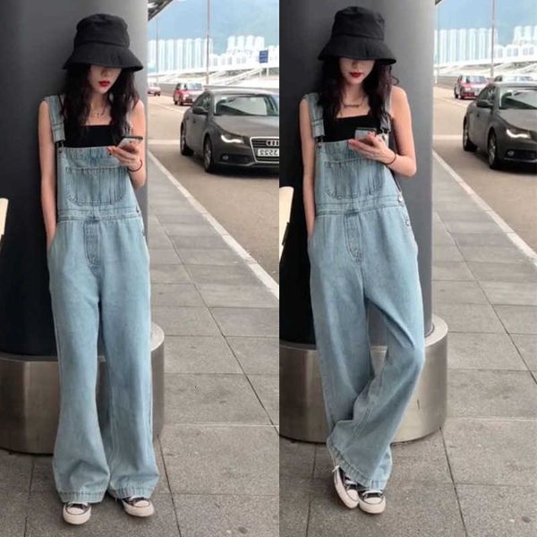 

Fashion men's wear Net red mop pants 2023 spring and summer new style trousers Korean version loose large size high waist wide leg jeans strap female, Single light blue denim breeches