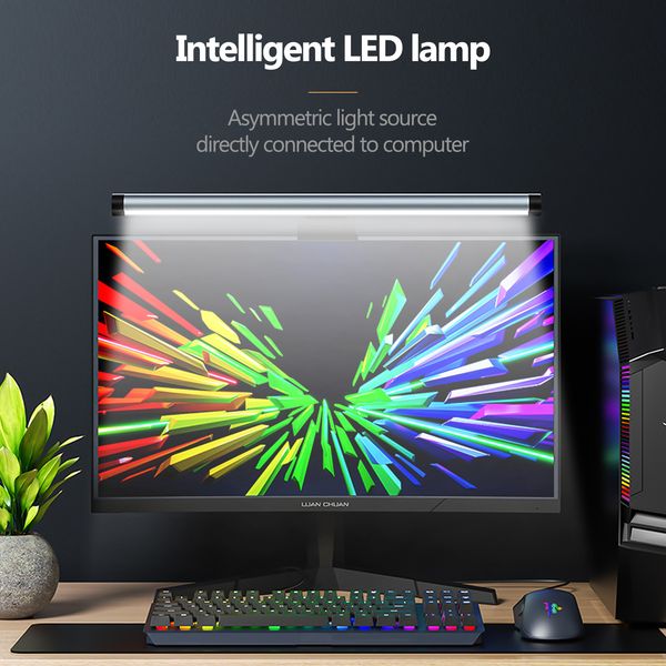 Computer monitor lamp, USB screen eye-care light bar. Touch control, three color modes adjustable, anti-glare design. Space-saving desk lamp for home and office use.