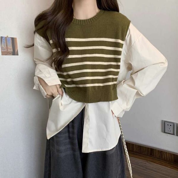 Korean Style Round Neck Patchwork Shirt Long Sleeve Knit Blouse Women's Autumn Fashion New Striped Fake Two Pieces Loose Top, Black
Korean Style Round Neck Patchwork Shirt Long Sleeve Knit Blouse Women's Autumn Fashion New Striped Fake Two Pieces Loose Top, Black