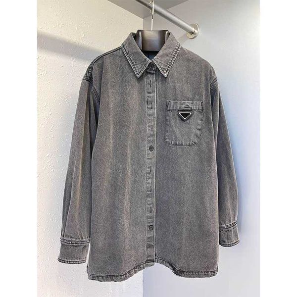 

Blouses Women's Shirts Spring Autumn Female Fashion Long Sleeves Casual Denim Pocket Shirt Women Solid Grey Color Design W1EC, Gray