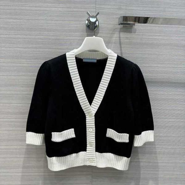 

Sweaters Women's Spring Black Contrast Color Embroidery Knitted Cardigan Sweater 34 Sleeve V-Neck Panelled Single-Breasted Tops W3DA10 XDKY