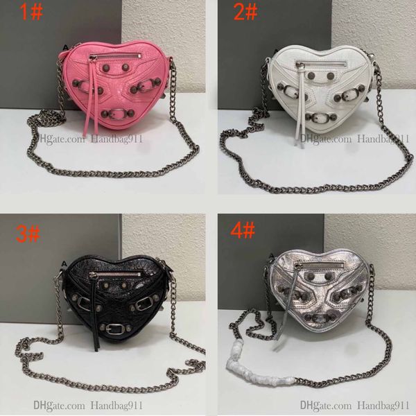 Image of 2023 Designer Le Cagole Heart Shaped Shoulder Bags Bright Calf Leather Motorcycle Style Cross Body Bags Silver Hardware Rivet Handbags Valentine&#039;s Day Gift Purse