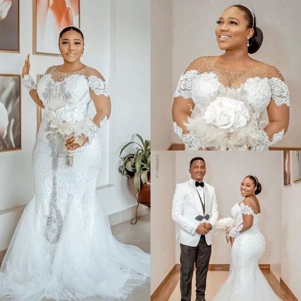 plus size mermaid wedding dresses long sleeves bridal gown jewel neck beaded lace applique sweep train custom made vestido de novia 2023, White
plus size mermaid wedding dresses long sleeves bridal gown jewel neck beaded lace applique sweep train custom made vestido de novia 2023, White