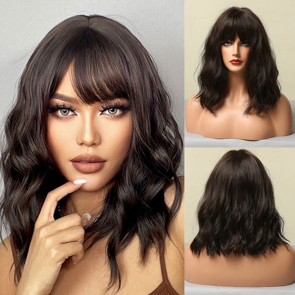 women's brown wave hair wig water wavy shoulder length hairs high temperature hair wigs, Black
women's brown wave hair wig water wavy shoulder length hairs high temperature hair wigs, Black