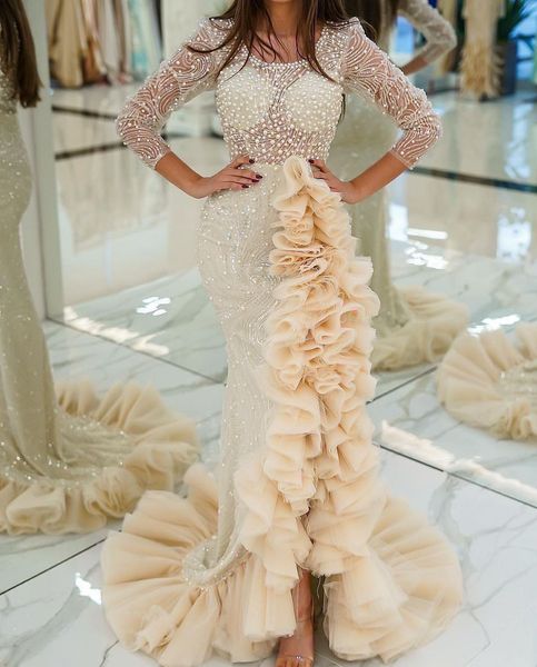 mermaid prom dresses long sleeves sheer neck appliques sequins sparkly pearls beaded floor length lace folds hollow side slit formal dresses, Black
mermaid prom dresses long sleeves sheer neck appliques sequins sparkly pearls beaded floor length lace folds hollow side slit formal dresses, Black