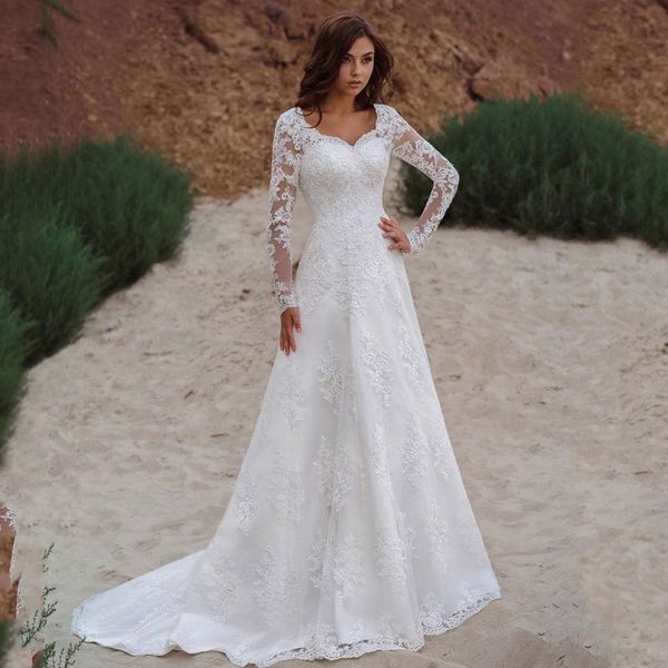 vestios de novia lace up a-line wedding gowns v-neck appliques long sleeves garden elegant bridal dresses with see hrough back, White
vestios de novia lace up a-line wedding gowns v-neck appliques long sleeves garden elegant bridal dresses with see hrough back, White