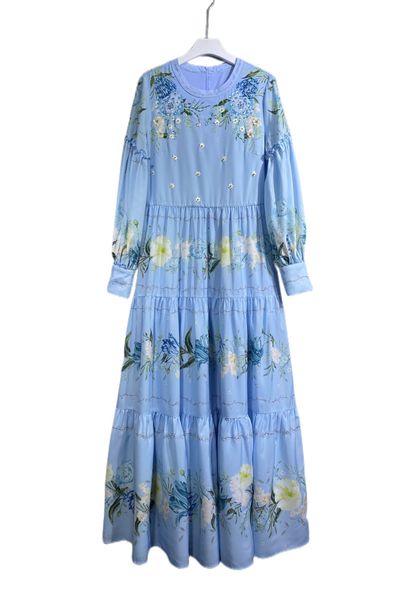 spring 2023 new round neck print elegant high-end long dress, Black;gray 
spring 2023 new round neck print elegant high-end long dress, Black;gray