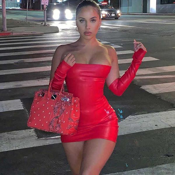 party dresses pu faux leather bodycon mini women night club birthday strapless backless short with oversleeve 220103, White;black
party dresses pu faux leather bodycon mini women night club birthday strapless backless short with oversleeve 220103, White;black