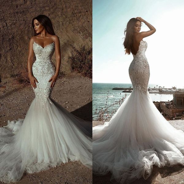 modern mermaid wedding dresses vintage v neck backless bridal gown custom made lace dress vestido de novia, White
modern mermaid wedding dresses vintage v neck backless bridal gown custom made lace dress vestido de novia, White