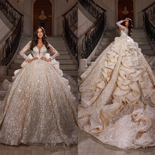 cascading ruffles ball gown wedding dress illusion sheer neck lace appliques long sleeve saudi arabic tiered skirts bridal gowns, White
cascading ruffles ball gown wedding dress illusion sheer neck lace appliques long sleeve saudi arabic tiered skirts bridal gowns, White