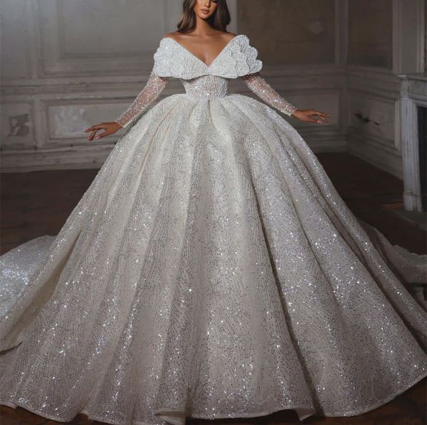 luxury ball gown wedding dresses v neck long sleeves pearls beaded applique sequins 3d lace ruffles celebrity sparkly plus size formal brida, White
luxury ball gown wedding dresses v neck long sleeves pearls beaded applique sequins 3d lace ruffles celebrity sparkly plus size formal brida, White