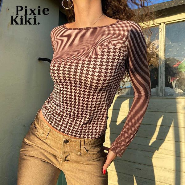 women's t-shirt pixiekiki abstract brown print graphic tees y2k streetwear long sleeve crop fashion slimming t-shirt for woman p85-bz14, White
women's t-shirt pixiekiki abstract brown print graphic tees y2k streetwear long sleeve crop fashion slimming t-shirt for woman p85-bz14, White