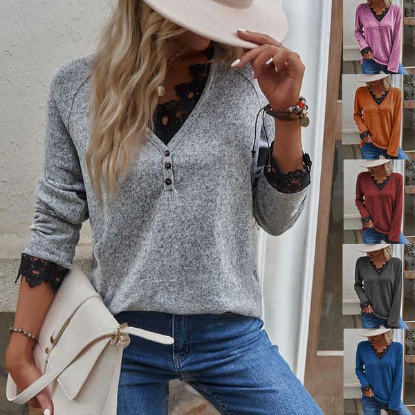 women's t-shirt 2022 autumn and winter women solid color stitching t-shirt casual lace v neck button long sleeve fashion pullover new s, White
women's t-shirt 2022 autumn and winter women solid color stitching t-shirt casual lace v neck button long sleeve fashion pullover new s, White